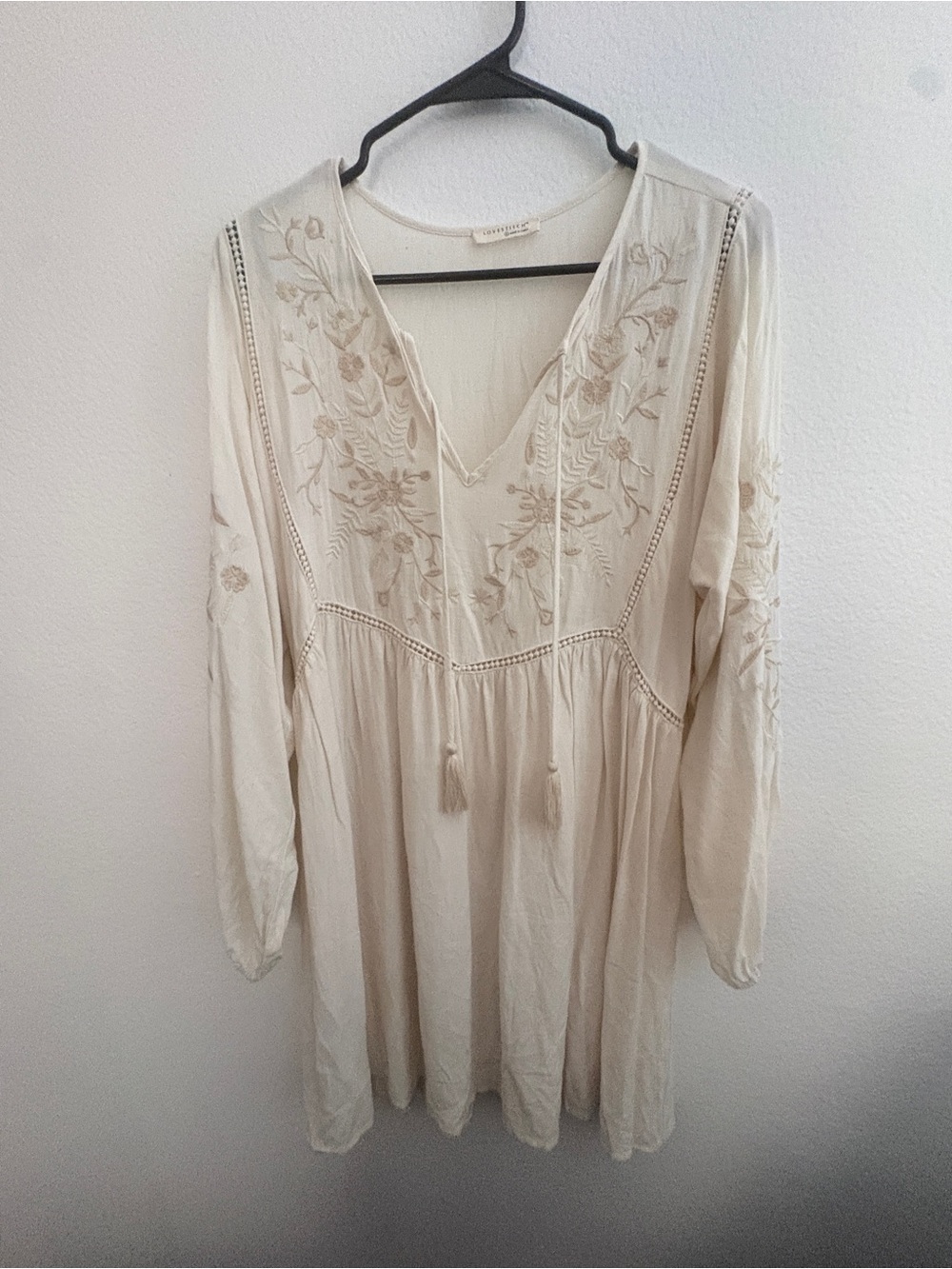 lovestitch Cream Embroidered V-Neck Dress with Tassel Ties Small